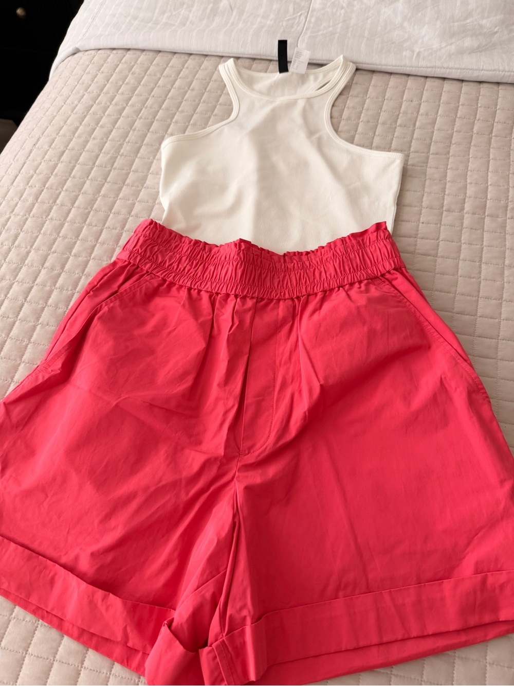 A.L.C. White Tank with Bright Pink Elastic-Waist Shorts